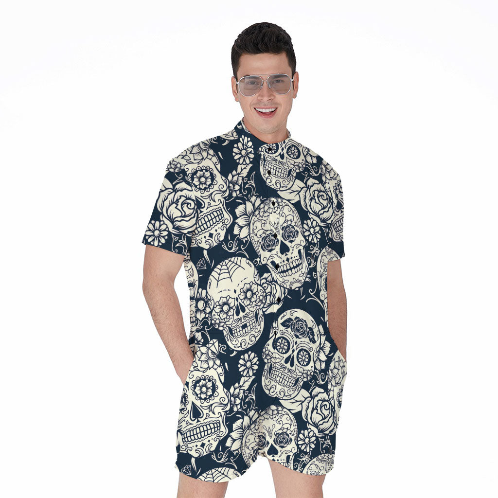 White Floral Sugar Skull Pattern Print Men's Rompers