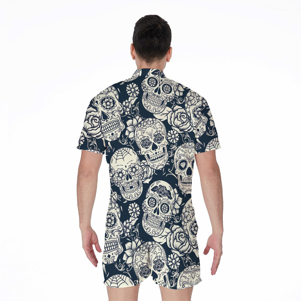 White Floral Sugar Skull Pattern Print Men's Rompers