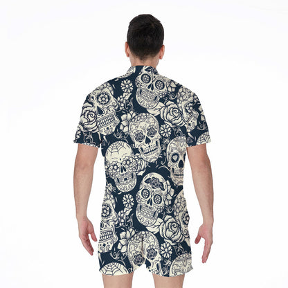White Floral Sugar Skull Pattern Print Men's Rompers