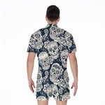 White Floral Sugar Skull Pattern Print Men's Rompers