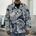 White Floral Sugar Skull Pattern Print Men's Shirt Jacket