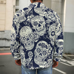 White Floral Sugar Skull Pattern Print Men's Shirt Jacket
