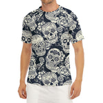 White Floral Sugar Skull Pattern Print Men's Short Sleeve Rash Guard