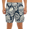 White Floral Sugar Skull Pattern Print Men's Split Running Shorts