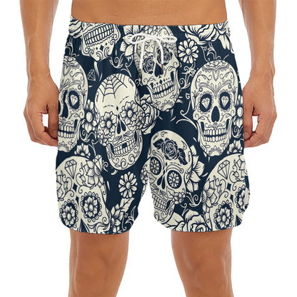 White Floral Sugar Skull Pattern Print Men's Split Running Shorts