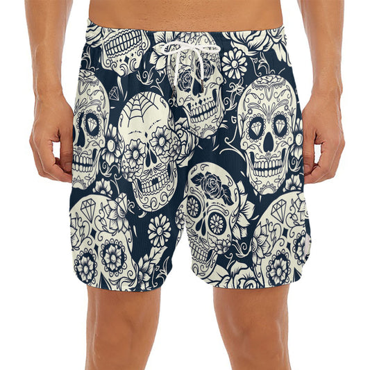 White Floral Sugar Skull Pattern Print Men's Split Running Shorts