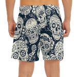 White Floral Sugar Skull Pattern Print Men's Split Running Shorts
