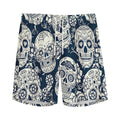 White Floral Sugar Skull Pattern Print Men's Athletic Shorts