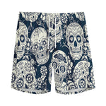 White Floral Sugar Skull Pattern Print Men's Sports Shorts