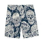 White Floral Sugar Skull Pattern Print Men's Sports Shorts