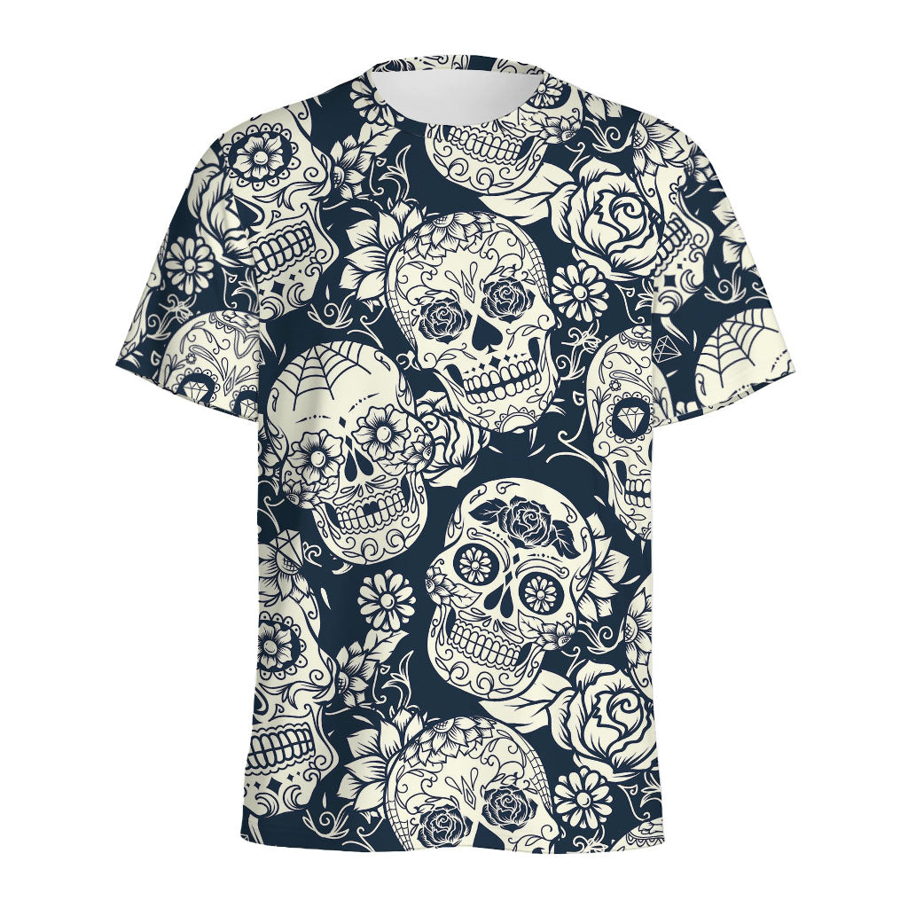 White Floral Sugar Skull Pattern Print Men's Sports T-Shirt