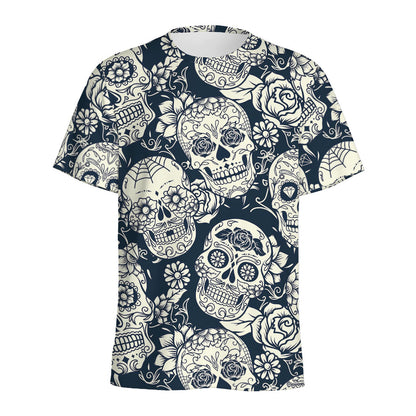 White Floral Sugar Skull Pattern Print Men's Sports T-Shirt