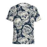 White Floral Sugar Skull Pattern Print Men's Sports T-Shirt