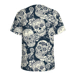 White Floral Sugar Skull Pattern Print Men's Sports T-Shirt