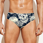White Floral Sugar Skull Pattern Print Men's Swim Briefs