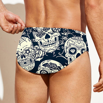 White Floral Sugar Skull Pattern Print Men's Swim Briefs