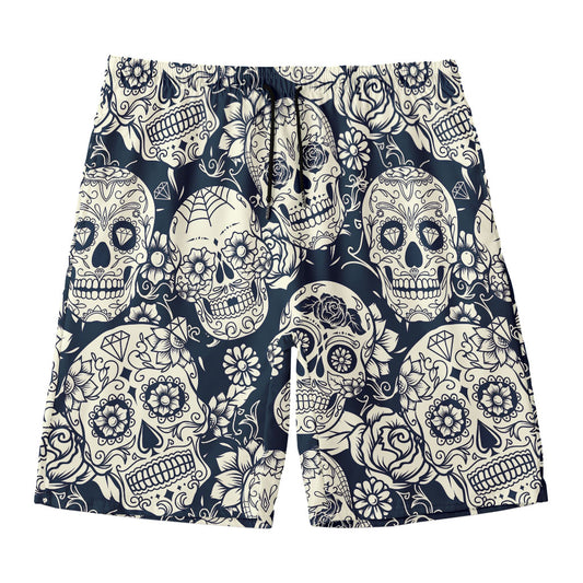 White Floral Sugar Skull Pattern Print Men's Swim Trunks