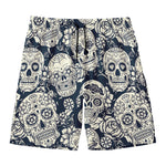 White Floral Sugar Skull Pattern Print Men's Swim Trunks