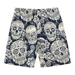 White Floral Sugar Skull Pattern Print Men's Swim Trunks