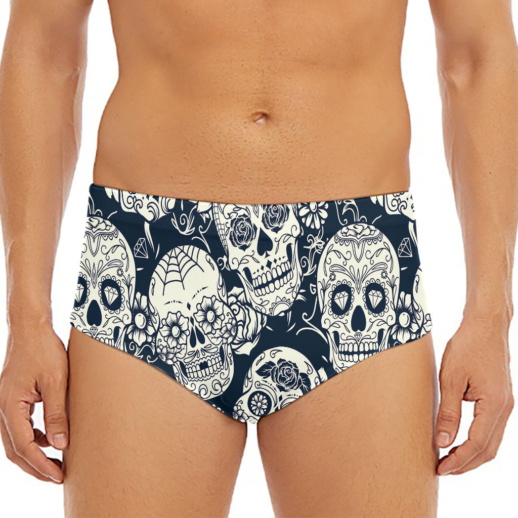 White Floral Sugar Skull Pattern Print Men's Triangle Swim Briefs
