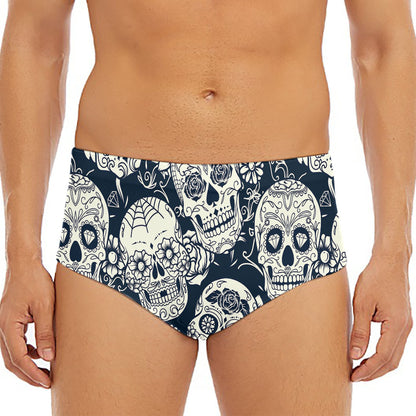 White Floral Sugar Skull Pattern Print Men's Triangle Swim Briefs