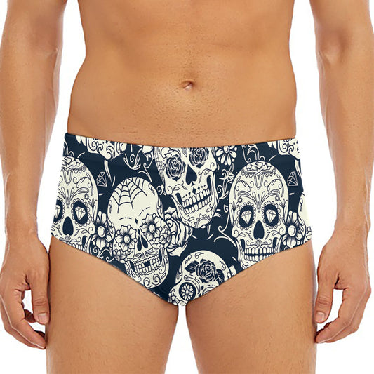 White Floral Sugar Skull Pattern Print Men's Triangle Swim Briefs