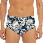 White Floral Sugar Skull Pattern Print Men's Triangle Swim Briefs