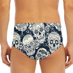 White Floral Sugar Skull Pattern Print Men's Triangle Swim Briefs