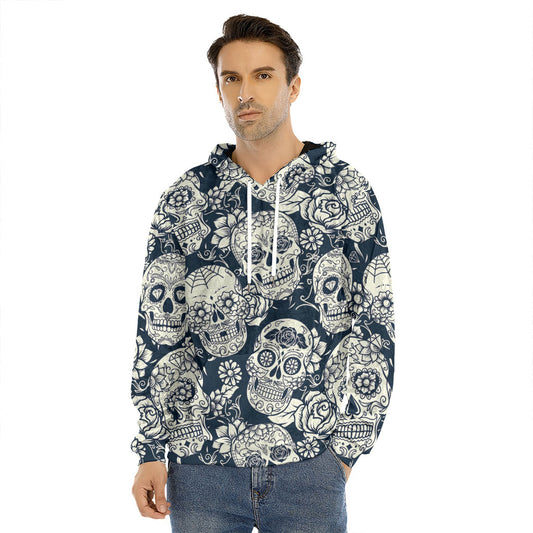 White Floral Sugar Skull Pattern Print Men's Velvet Pullover Hoodie