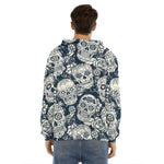 White Floral Sugar Skull Pattern Print Men's Velvet Pullover Hoodie