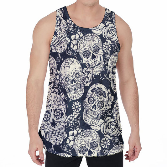 White Floral Sugar Skull Pattern Print Men's Velvet Tank Top