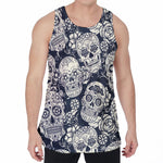 White Floral Sugar Skull Pattern Print Men's Velvet Tank Top