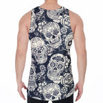 White Floral Sugar Skull Pattern Print Men's Velvet Tank Top