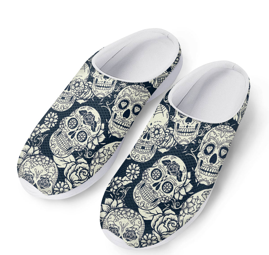 White Floral Sugar Skull Pattern Print Mesh Casual Shoes