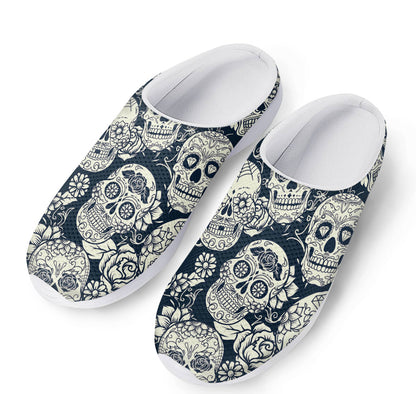 White Floral Sugar Skull Pattern Print Mesh Casual Shoes