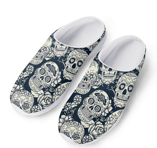 White Floral Sugar Skull Pattern Print Mesh Casual Shoes