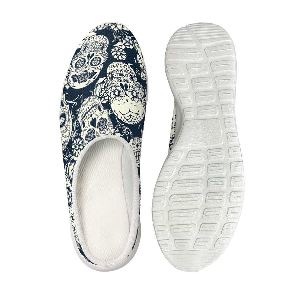 White Floral Sugar Skull Pattern Print Mesh Casual Shoes