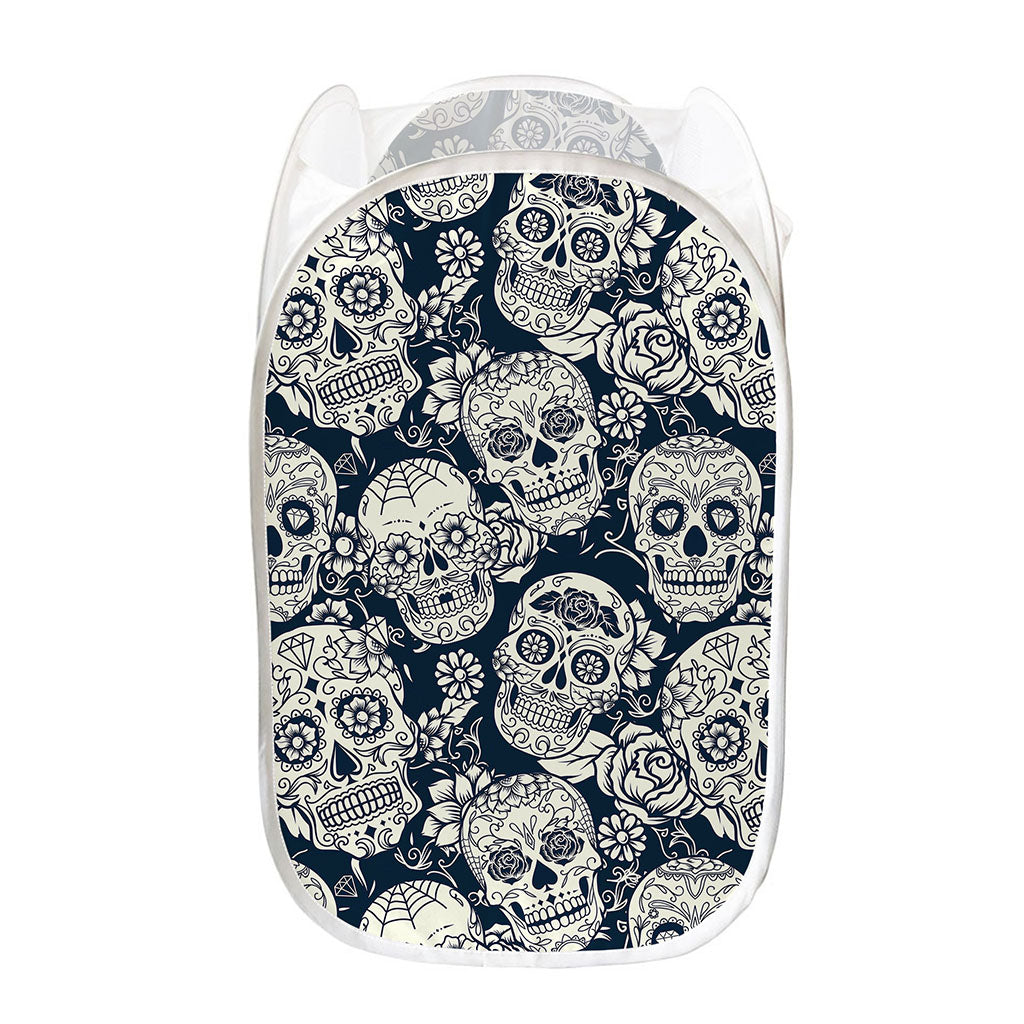White Floral Sugar Skull Pattern Print Mesh Laundry Hamper