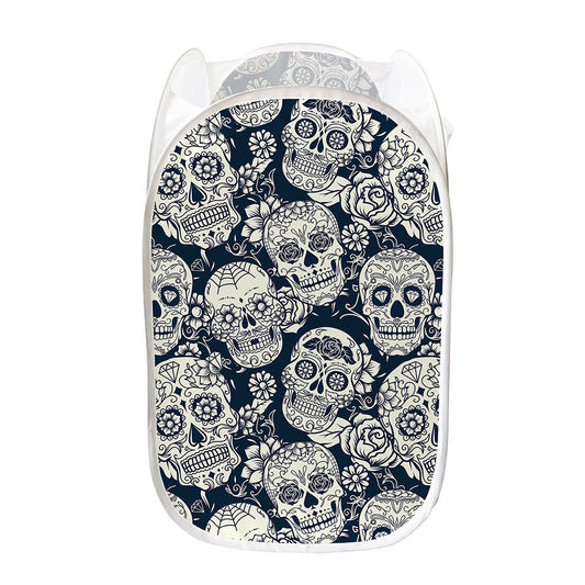 White Floral Sugar Skull Pattern Print Mesh Laundry Hamper