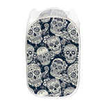 White Floral Sugar Skull Pattern Print Mesh Laundry Hamper