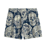 White Floral Sugar Skull Pattern Print Mesh Shorts