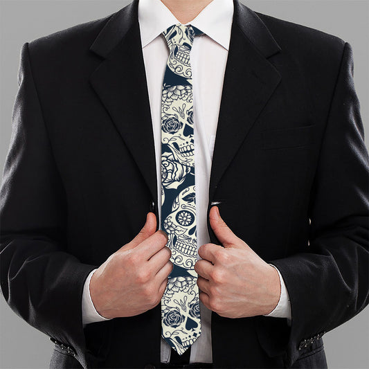 White Floral Sugar Skull Pattern Print Necktie