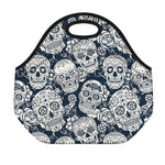 White Floral Sugar Skull Pattern Print Neoprene Lunch Bag
