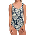 White Floral Sugar Skull Pattern Print One Piece Swimsuit
