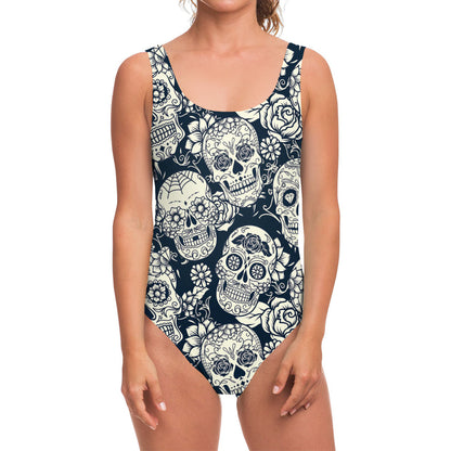White Floral Sugar Skull Pattern Print One Piece Swimsuit