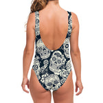 White Floral Sugar Skull Pattern Print One Piece Swimsuit