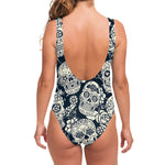 White Floral Sugar Skull Pattern Print One Piece Swimsuit