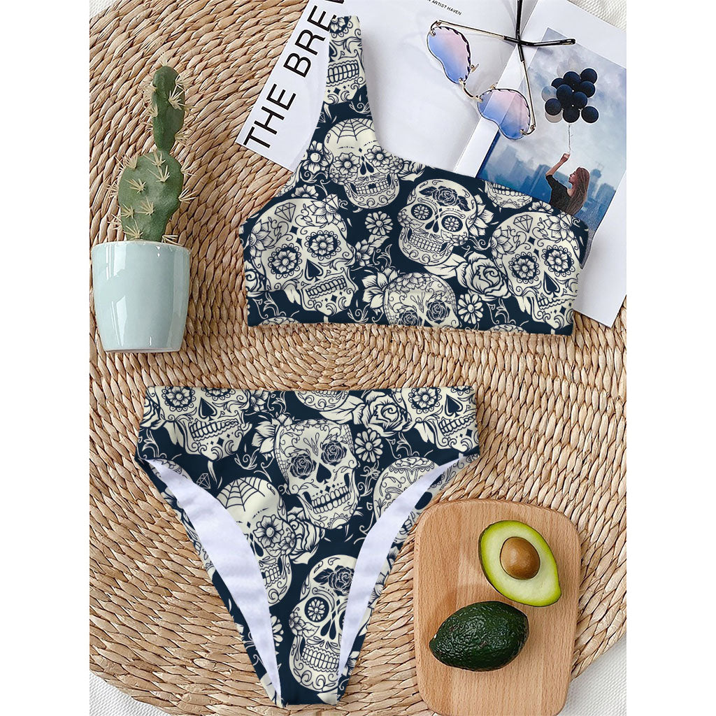 White Floral Sugar Skull Pattern Print One Shoulder Bikini Top