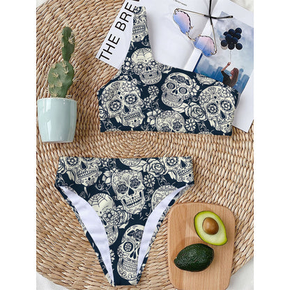 White Floral Sugar Skull Pattern Print One Shoulder Bikini Top