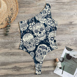 White Floral Sugar Skull Pattern Print One Shoulder Bodysuit